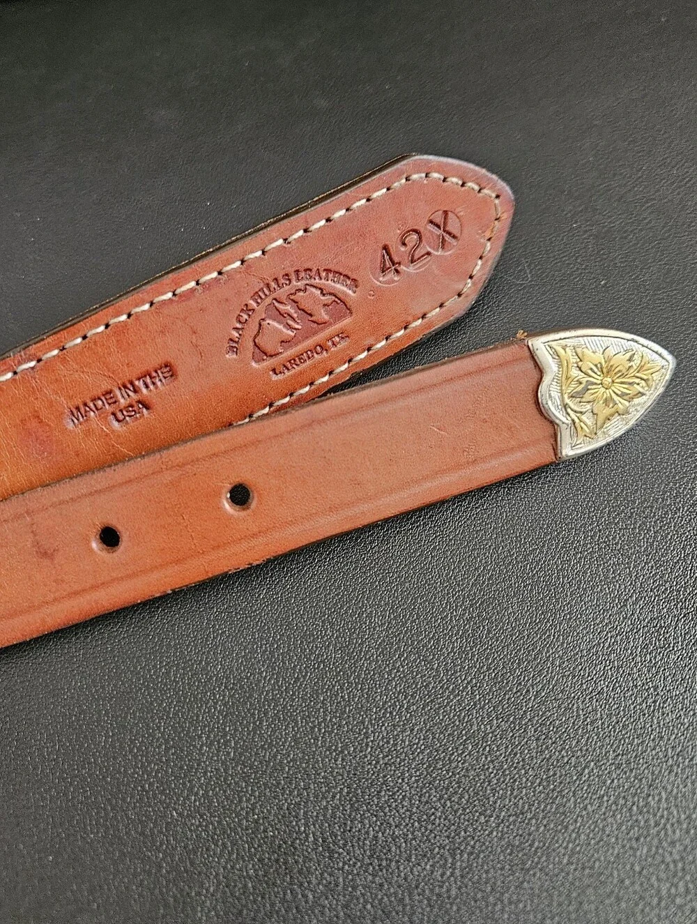 Black Hills Leather Mens Brown Western Leather  Ornate Buckle Belt Size 42X